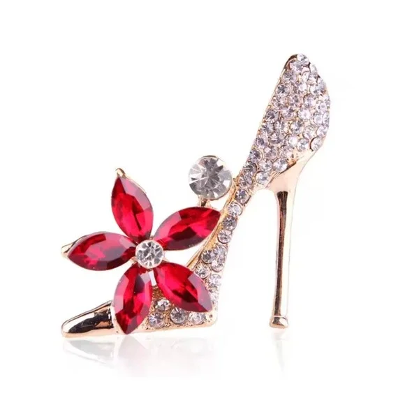 Red Crystal Flower High Heel Brooch Gold Tone Rhinestone Stiletto Pin Accessory