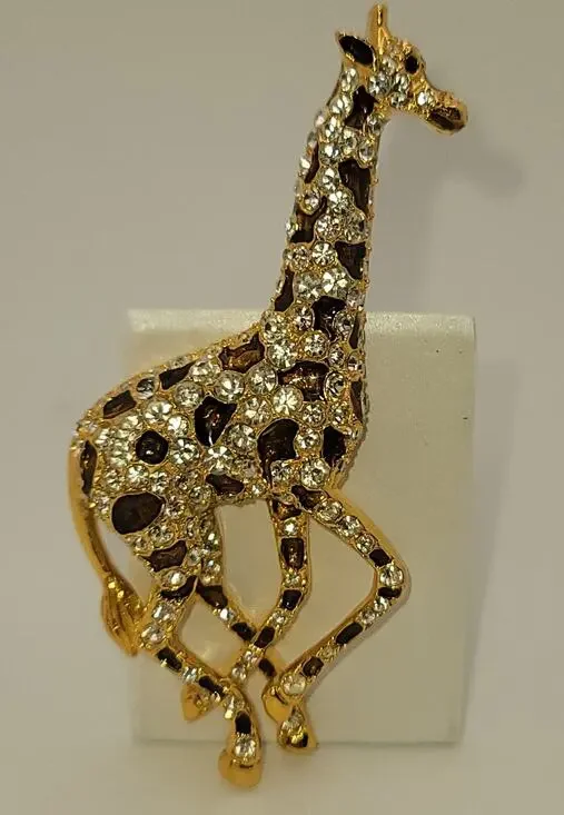 Large Vintage Giraffe Brooch Gold-tone Brown Enamel Clear Rhinestones