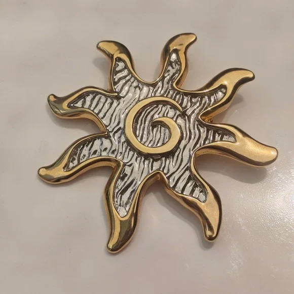 Two Tone Celestial Sun Brooch Gold Tone Swirl Silver Spiral Sunburst Pin 2.25