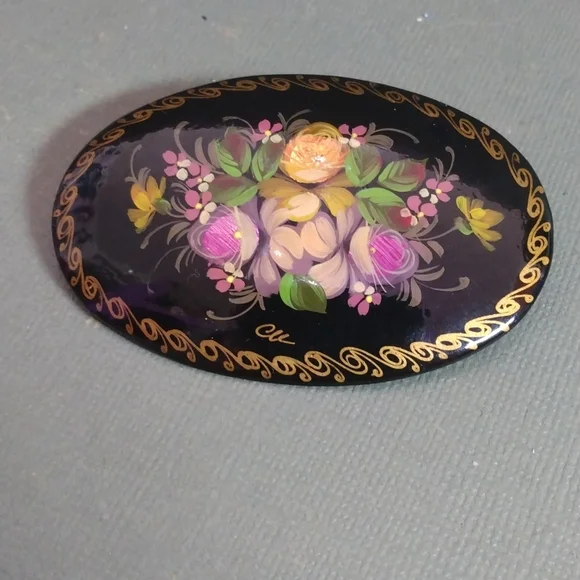 Vintage Russian Lacquer Wood Brooch Pin Artisan Signed