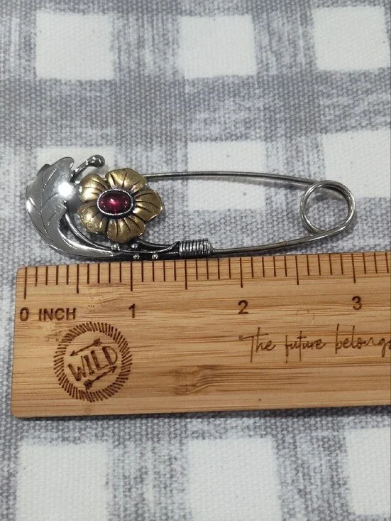 Vintage Sterling Silver Floral Safety Pin Style Brooch
