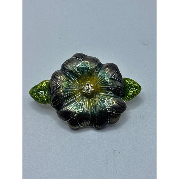 Vintage Enamel Flower Brooch Iridescent Teal Green Leaf Silver‎ Tone Floral Pin