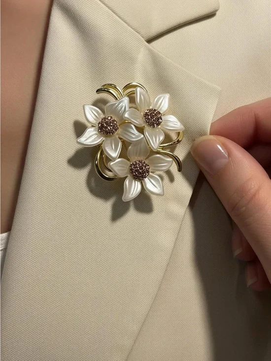 Gold Floral Pearl Brooch - White Flower Pin