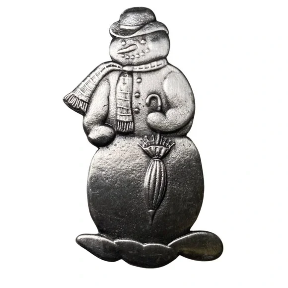 Vintage ESL 1992 Snowman Christmas Brooch Pin Pewter Silver Tone Umbrella Winter
