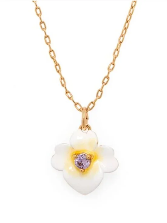 Kate Spade White Enamel Flower Pendant Necklace Gold Tone Pearl Crystal Floral