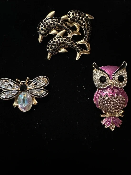 Pink Owl, Dolphins and Fly  Crystal Accent Brooches- Women Jewelry