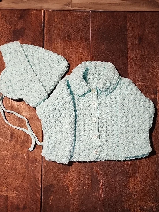 Handmade Light Blue Baby Cardigan and Bonnet Set