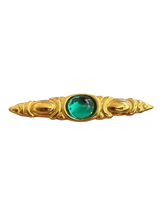 Vintage Monet Gold-Tone Bar Brooch with Green Glass Cabochon