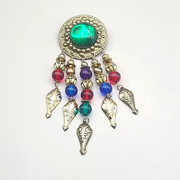 Vintage Colorful Beaded Dangle Brooch