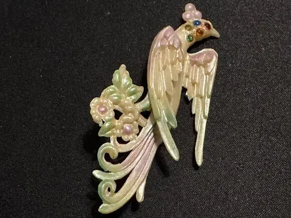 1930's Carved Celluloid Rhinestone Brid Brooch