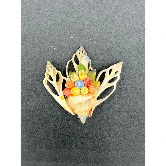 Vintage Seashell Flower Basket Brooch Pin - Coastal Cottagecore Style Beautiful!