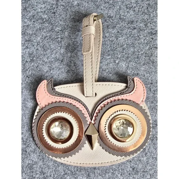 Kate Spade ♠️ Owl Luggage Tag in Beige, Pink, Brown & Gold