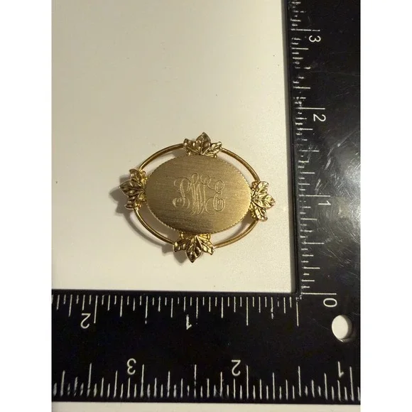 Vintage Gold Tone Monogram Engraved Oval Brooch Maple Leaf Accent Pin