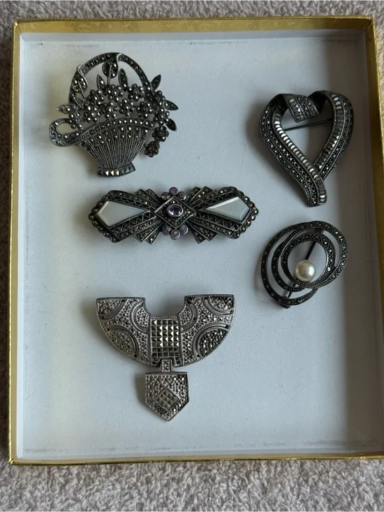 Vintage Sterling Silver Marcasite Brooch Collection Elegant Silver, marked 925