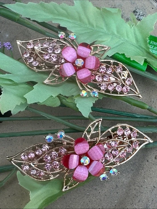 Gold-Tone Pink Floral Crystal Brooch Set - Women Jewelry
