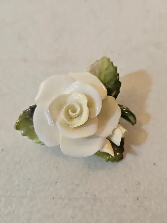 Vintage Cara China Staffordshire White Rose Brooch Made in England Porcelain