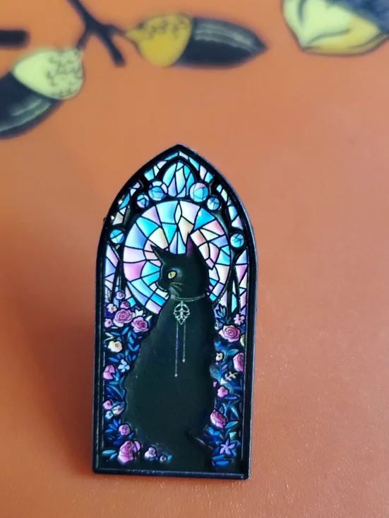 Black Cat Stained Glass Enamel Pin - Iridescent Accents
