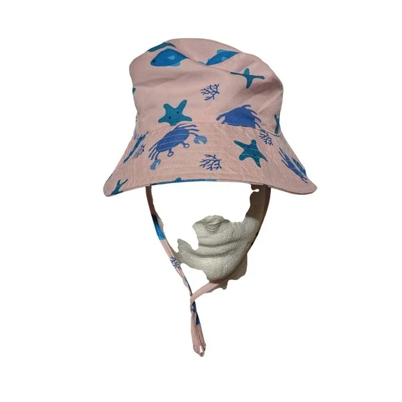 Kids Pink‎ Blue Sea Life Marine Print Bucket Sun Hat with Chin Strap Toggle