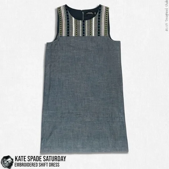 VINTAGE KATE SPADE SATURDAY EMBROIDERED SHIFT MINI DRESS IN INDIGO BLUE SIZE 0