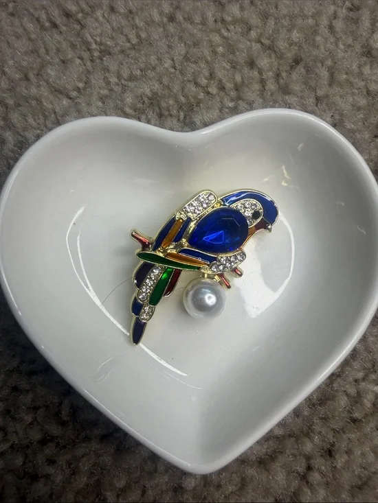 Colorful Jeweled Parrot Brooch with Faux Pearl
