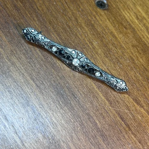 Vtg Art Deco Style Black Clear Rhinestone Gunmetal Bar Brooch Pin 2.5
