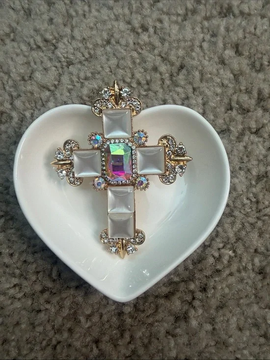 Iridescent Crystal Cross Brooch with White Cabochons