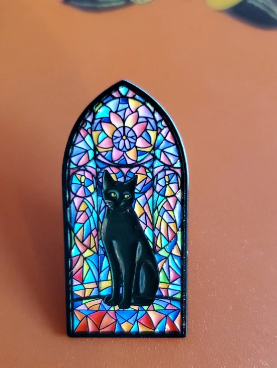 Black Cat Stained-Glass Enamel Brooch Pin- Multicolor