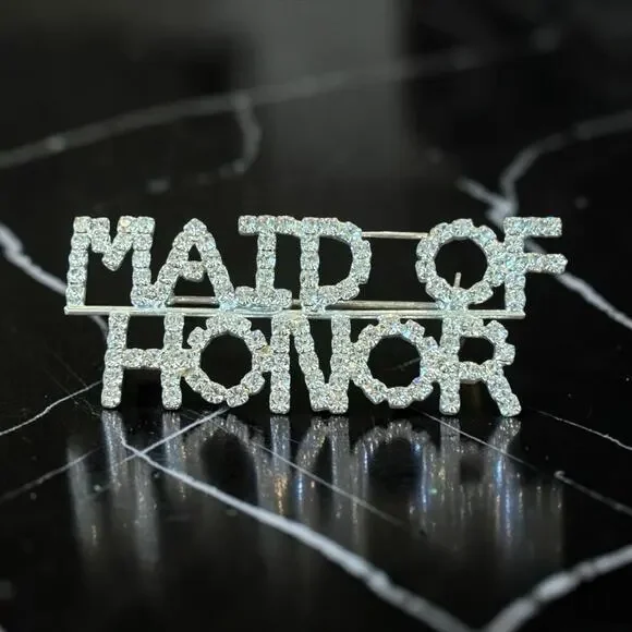 Vintage Rhinestone Maid of Honor Brooch Wedding Bridal Pin Silver Tone Statement
