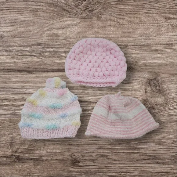 Hand Knit Baby Infant Girl Hats Lot‎ Of 3