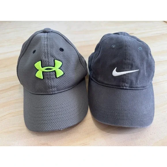 Kids Nike and Under Armour Baseball‎ Hats Bundle Grey Neon Green Size 4-7 Years