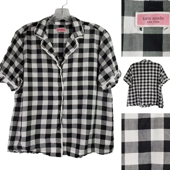 Kate Spade Womens Top Large Gingham Button Down Shirt Cotton Short Sleeve