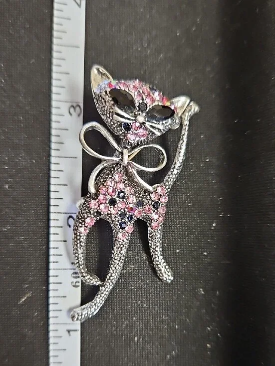 Silver-tone Pink Crystal Cat Brooch with Bow