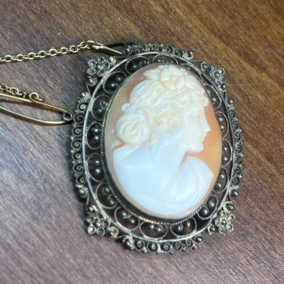 Vtg Hand Carved Shell Cameo Brooch Pendant Gold Tone Filigree Frame Safety Chain