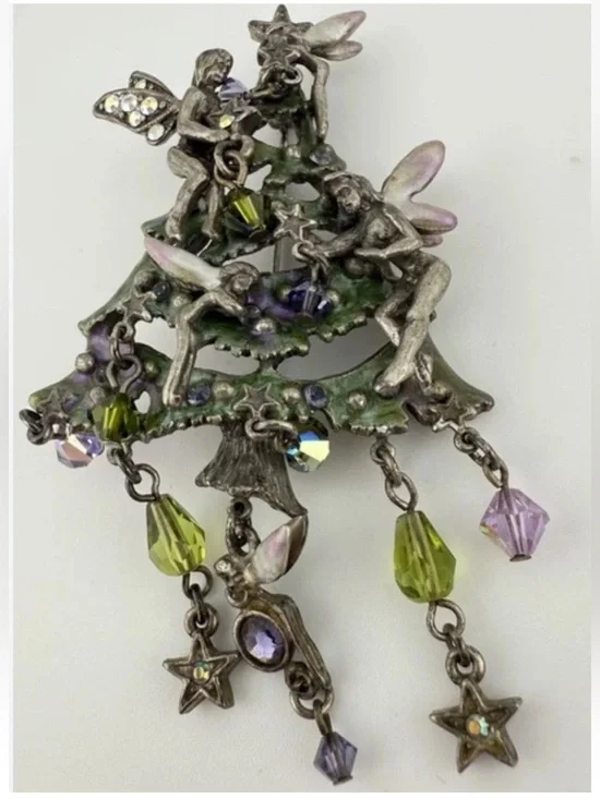 KIRKS FOLLY TREE FAIRIES CHRISTMAS PIN RUSTIC SILVER vintage