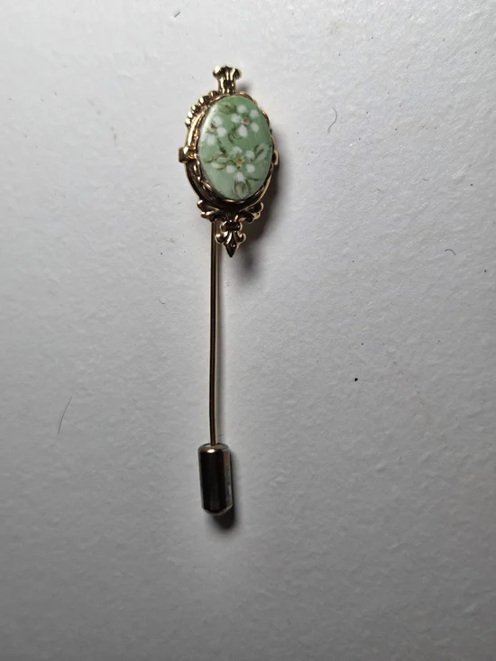 Vintage Gold Pin With Green Floral lapel pin, tie pin, or hat accessory