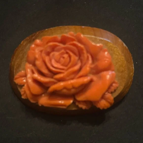 Vintage Orange Carved Rose Celluloid Brooch on Wood