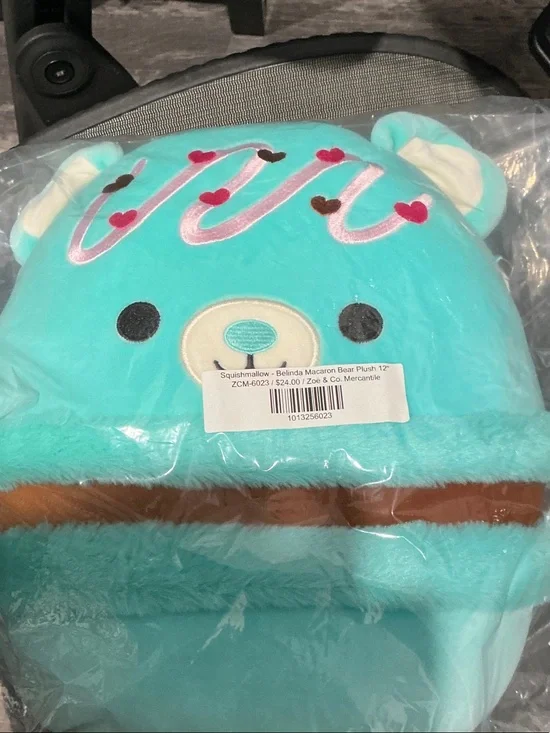 Belinda Macaron Bear Squishmallows Turquoise Plush Hat with Pink Heart Accents