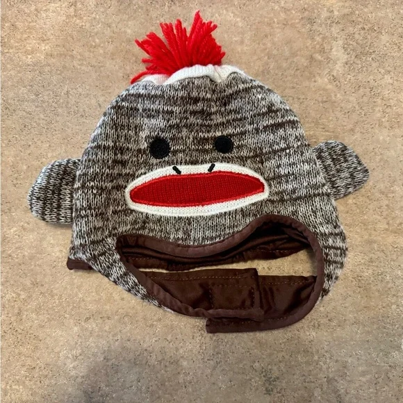 Adorable Brown & Red Sock Monkey Hat for Kids, Size 18-24M