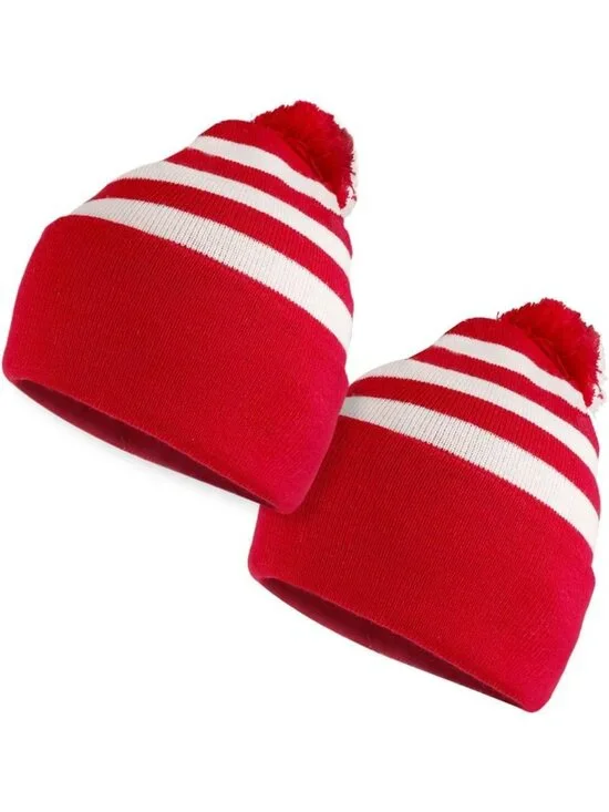 Cozy Red & White Striped Pom Pom Beanie Hat | Winter Knit Cuff Cap