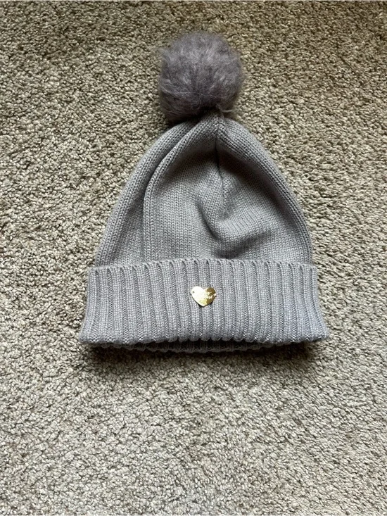 Grey Pom Beanie with Heart Accent