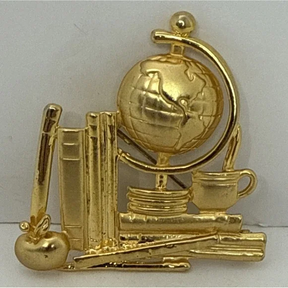 Teacher Brooch Pin Fashion Jewelry Gold Color Globe Books Apple Desk 2