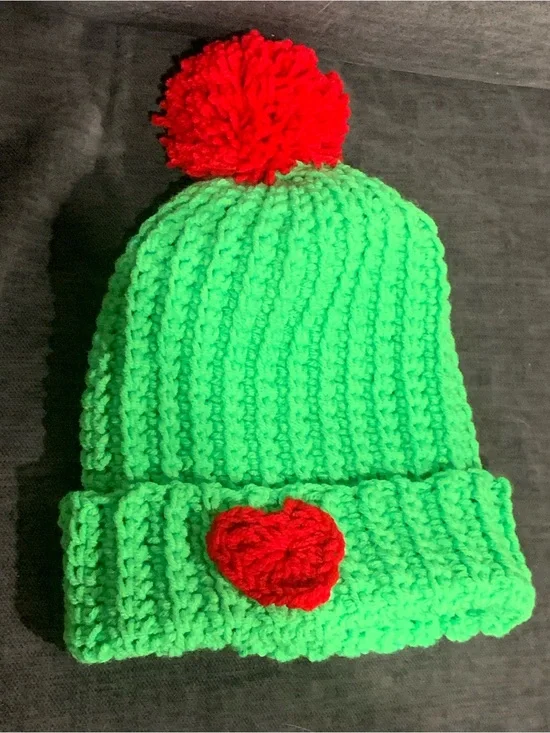Kids Neon Green Knit Beanie with Red Heart and Pom-Pom