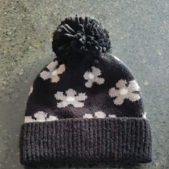 Nordstrom Black and White Floral Pom-Pom Beanie