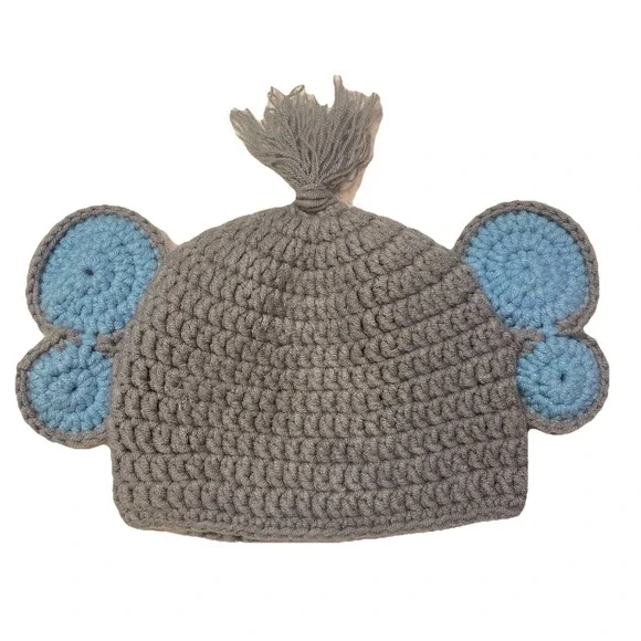 Handmade Knit Crochet Whimsical Elephant Baby Infant Beanie Cap Hat Gray Blue OS