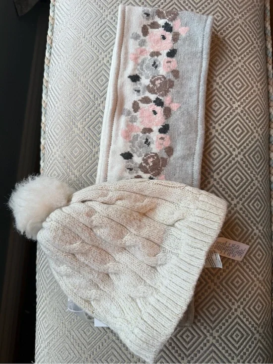 Janie & Jack Cream Cable Knit Pom Hat and Floral Scarf Janie & Jack