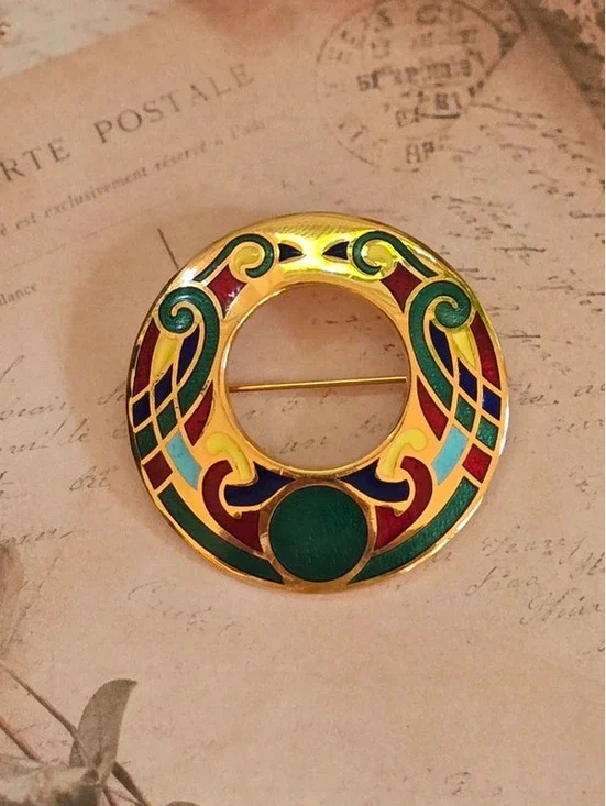 Vintage Enamel Celtic-Style Circle Brooch, Gold Tone