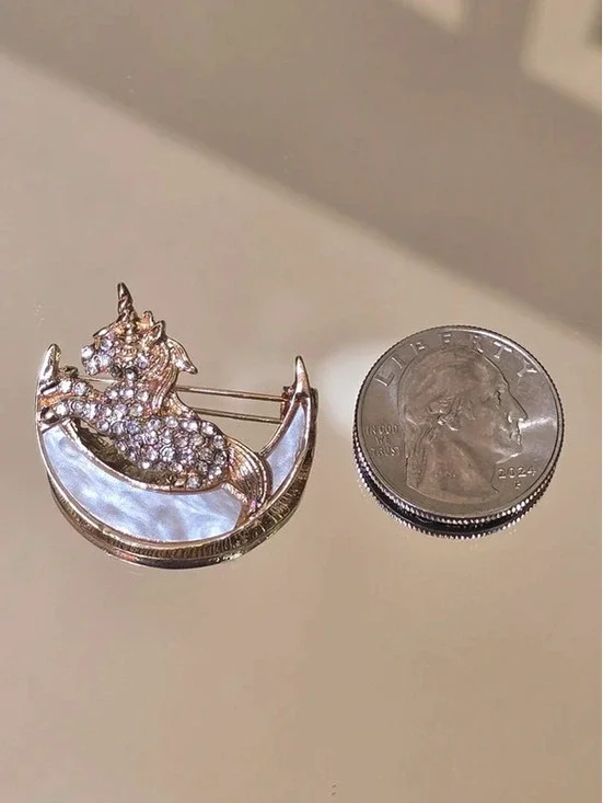 Whimsical Gold Tone Rhinestone Unicorn on Pearled Crescent Moon Brooch