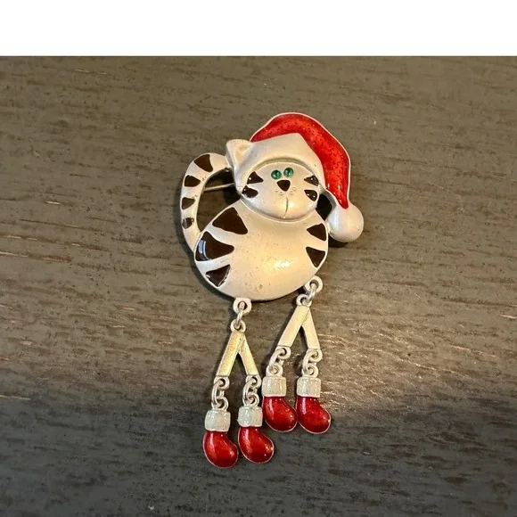 Vintage Christmas Cat Brooch Santa Hat Dangle Stocking Legs Enamel Pin Holiday