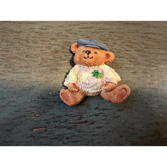 Vintage Teddy Bear Brooch Pin Wearing Blue Beret and Shamrock Sweater Resin