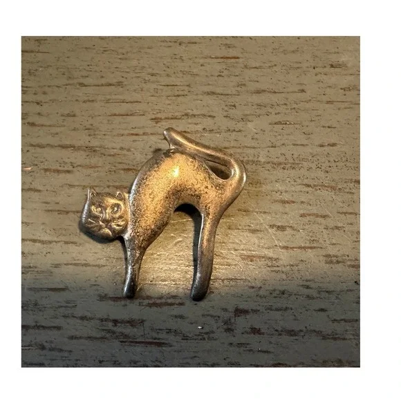 Vintage Silver tone arched Back Cat Brooch Pin Textured Scaredy Cat